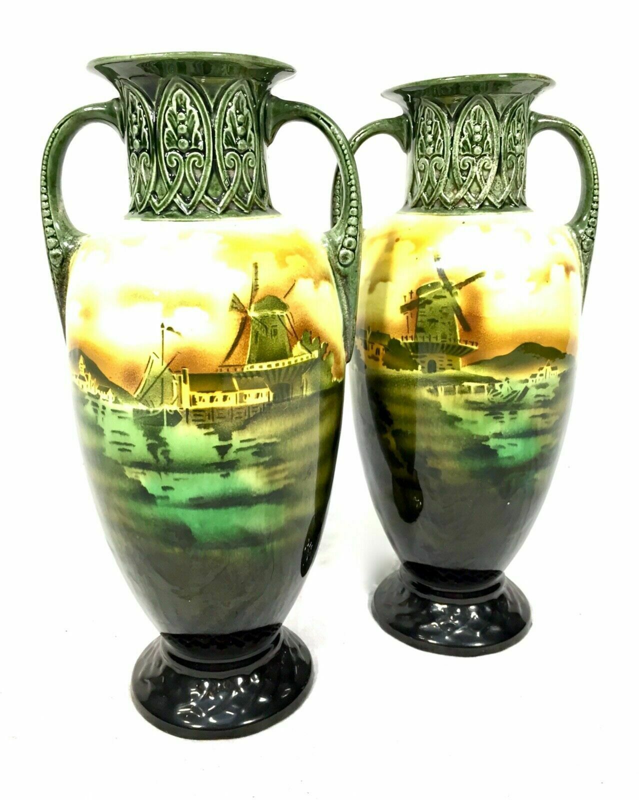 Antique Pair Of Czechoslovakia Pottery Vases / Vase Showing Dutch Scenes C.1920