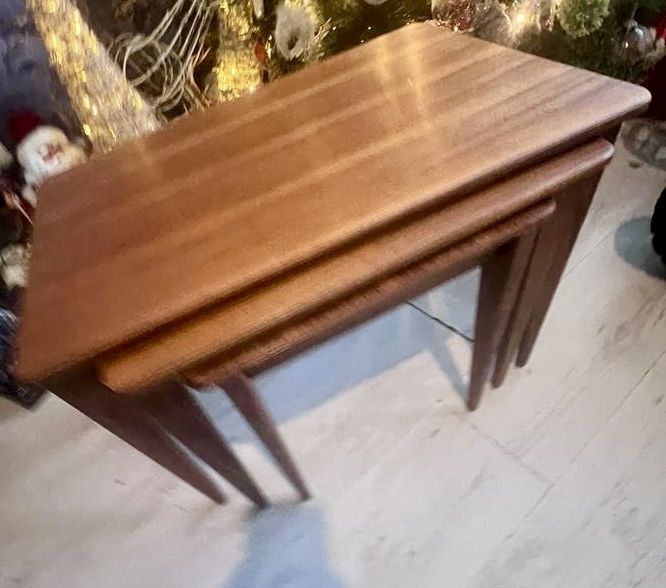 Mid Century Walnut & Teak Nest Of Three Tables Vintage . 1950's photo vinterior