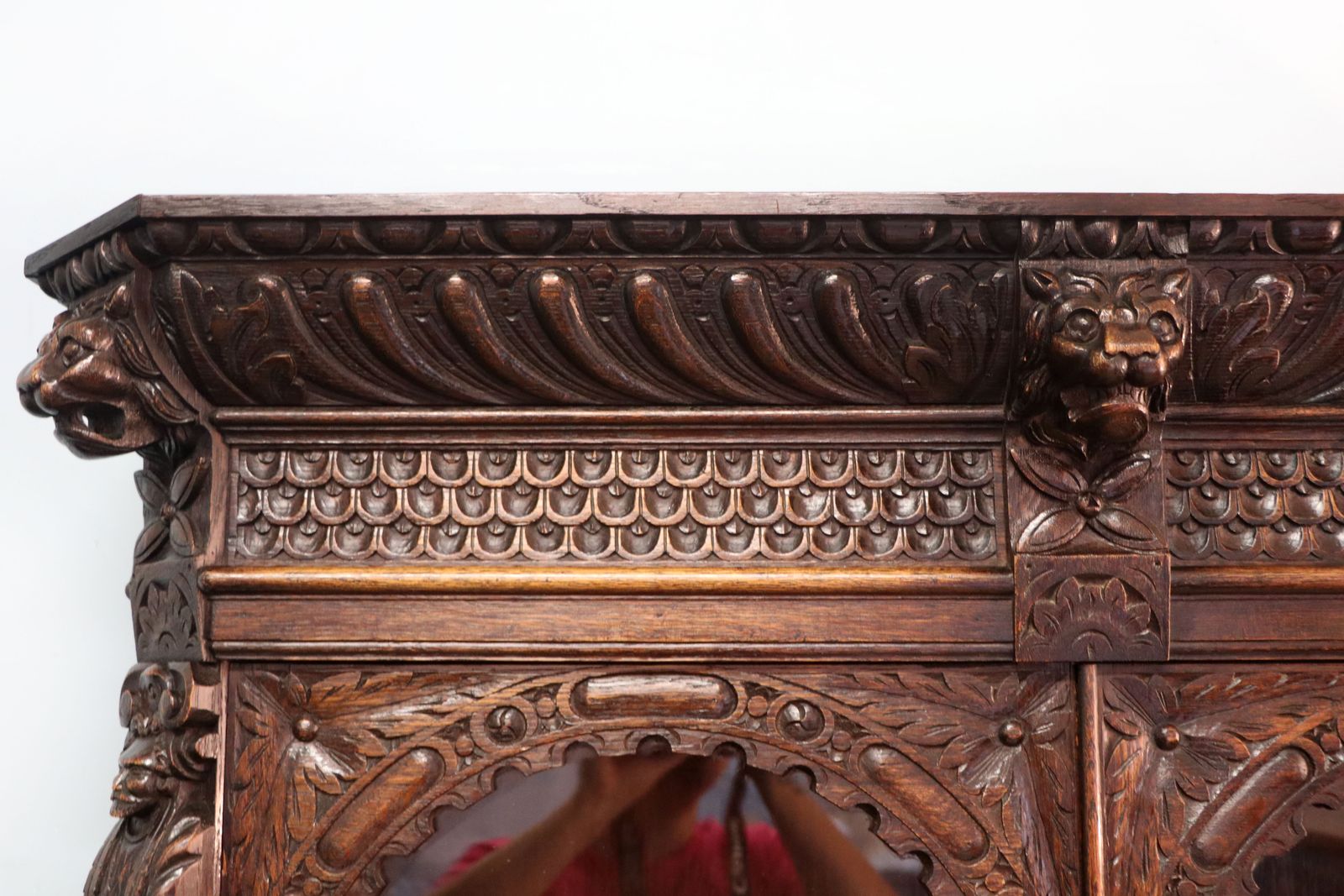 A Lovely Late 19th Heavily Carved Oak Bookcase Cabinet On Stand, Later Sign Written With A Selection Of German Beer Related Emblems. photo vintage