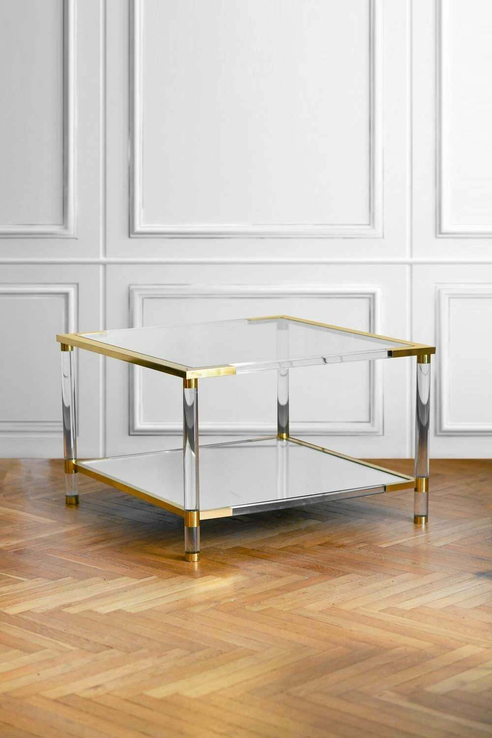 Coffee Table In Glass, Mirrored Glass, Methacrylate And Brass. photo furniture