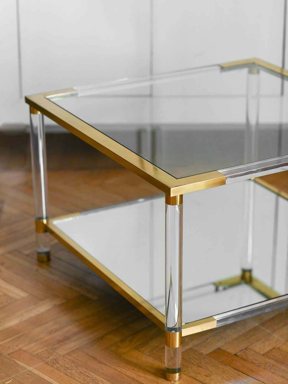 Coffee Table In Glass, Mirrored Glass, Methacrylate And Brass. photo vinterior