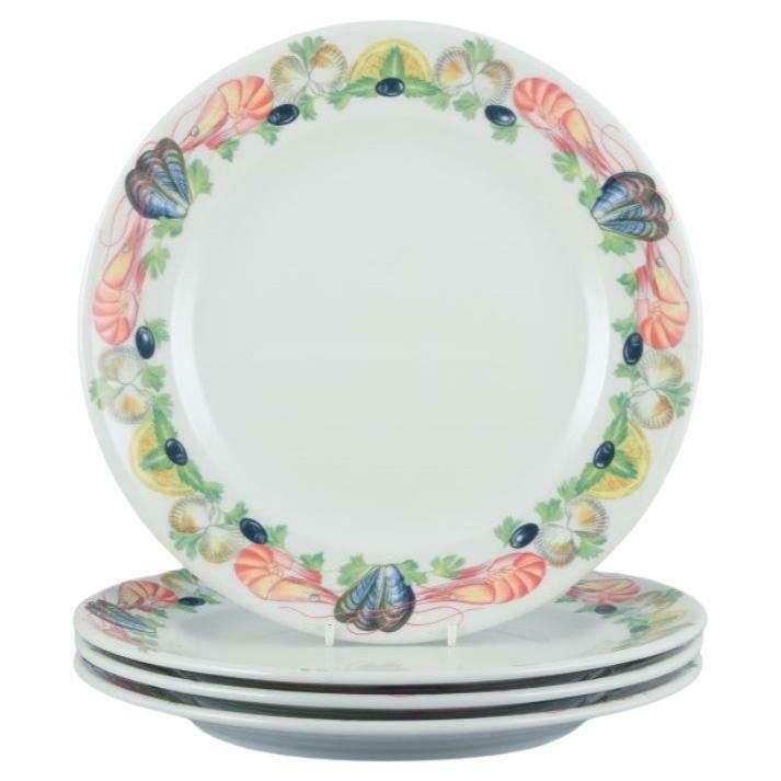 Pillivuyt, France. Four Large Dinner Plates In Porcelain With Seafood Motif