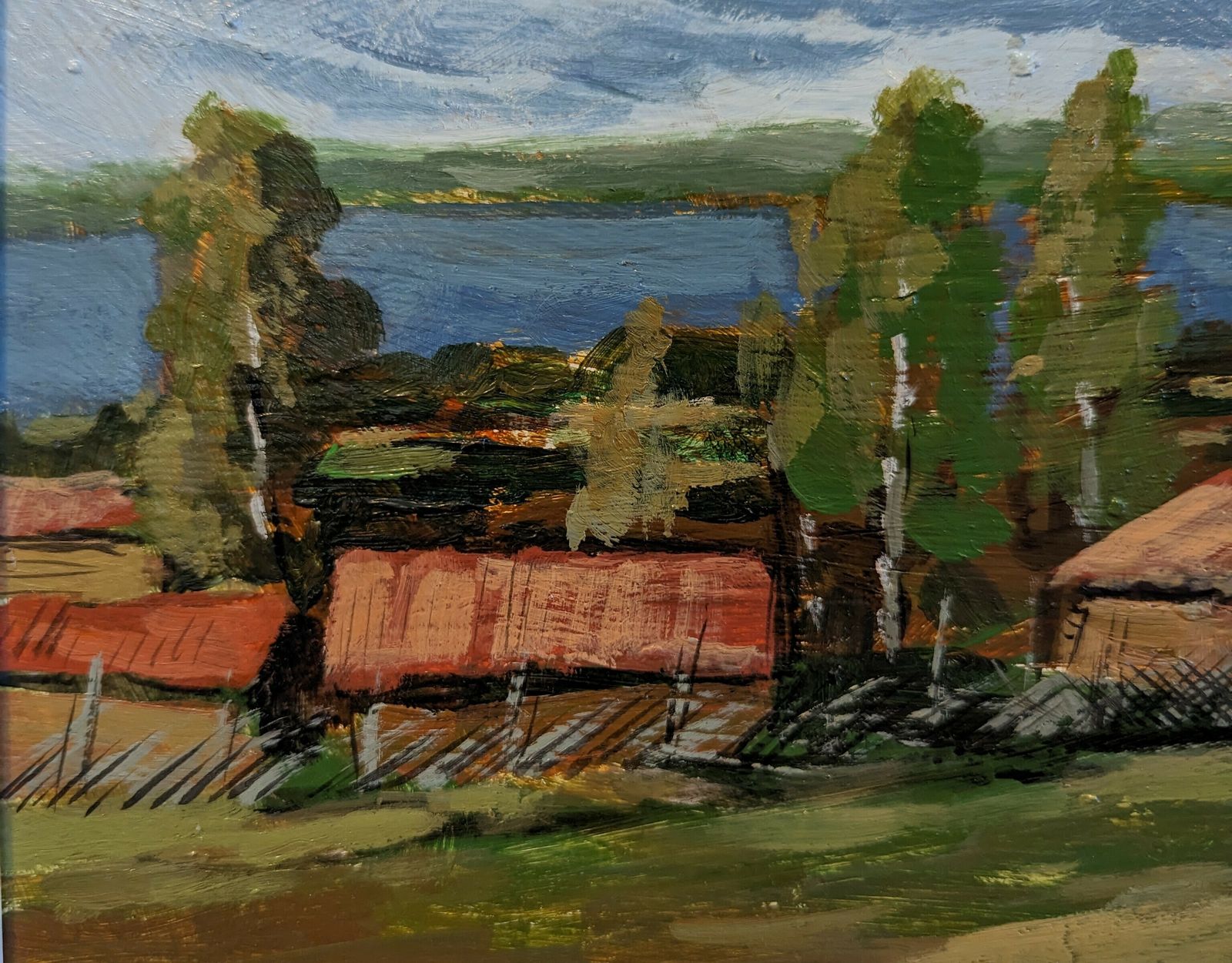 photo for sale Red Houses In Nature Oil Painting