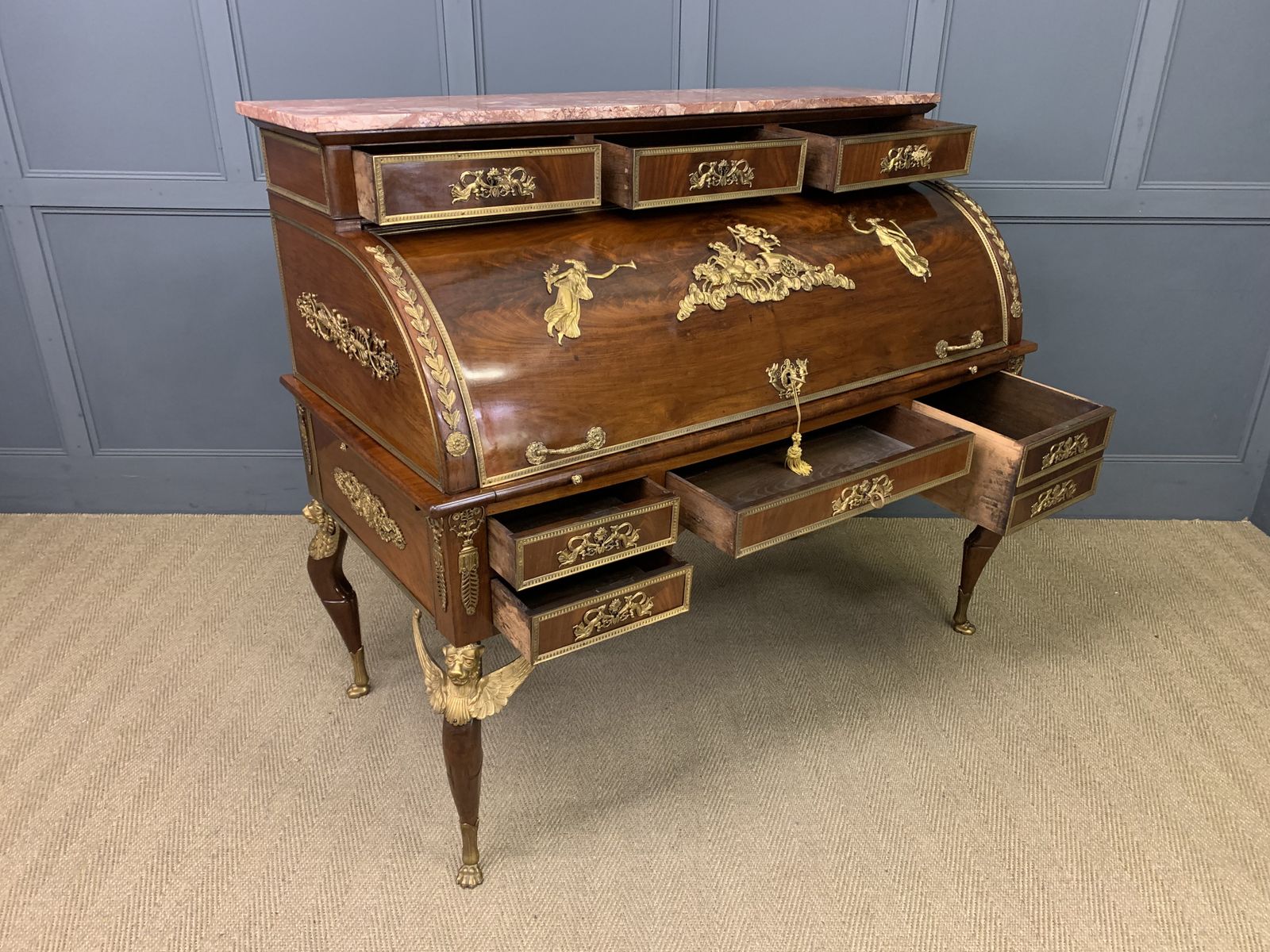 Large 19th Century French Empire Style Flame Mahogany Cylinder Desk photo Furniture