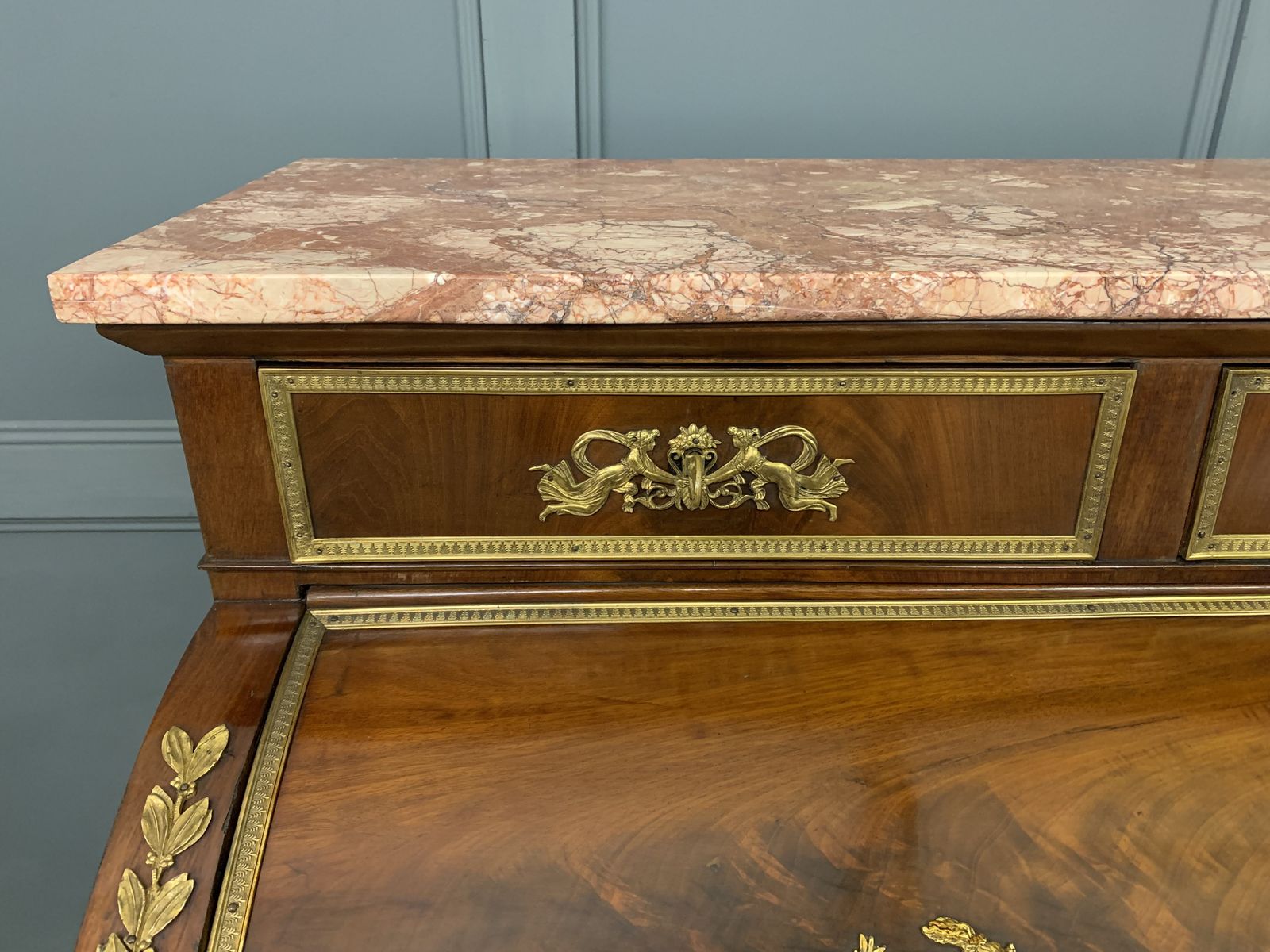 Large 19th Century French Empire Style Flame Mahogany Cylinder Desk photo vintage