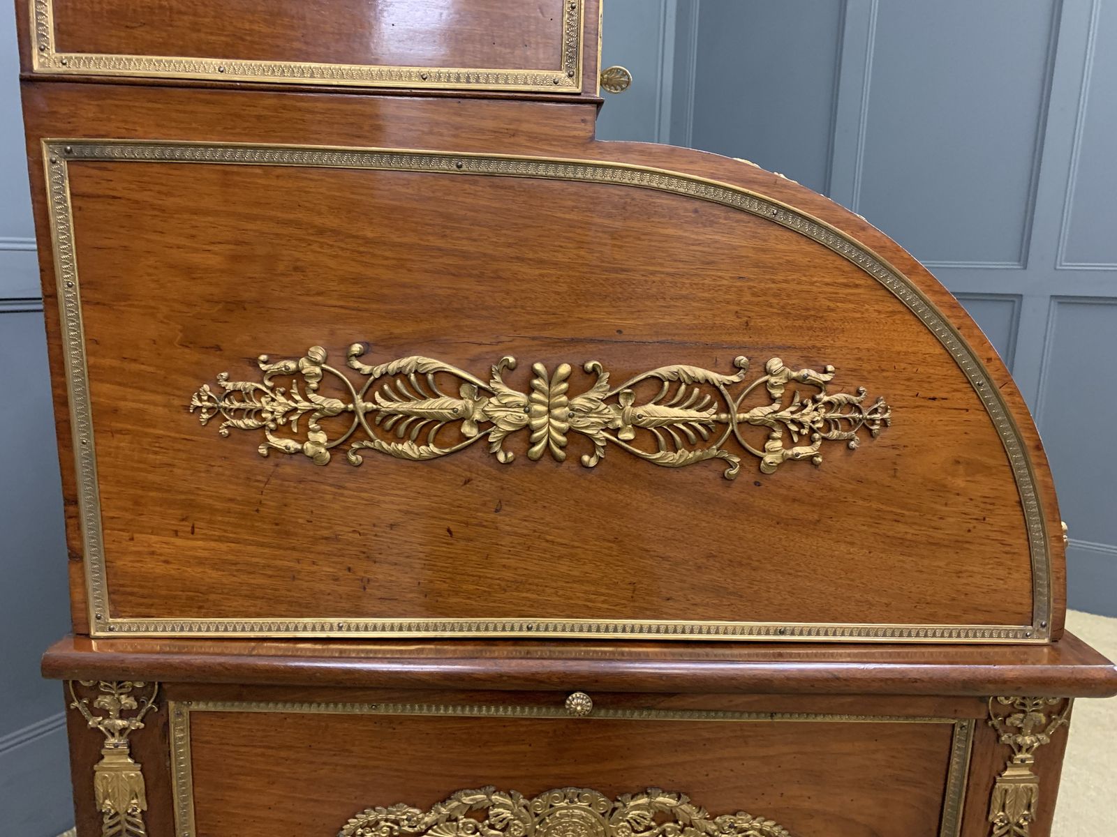 Furniture Large 19th Century French Empire Style Flame Mahogany Cylinder Desk photo