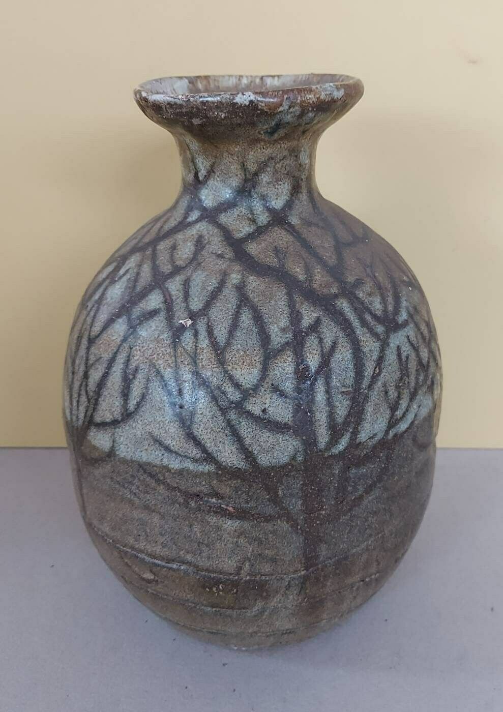 photo furniture Vintage Japanese Influenced Studio Pottery Vase, Striking And Unusual Design In Warm Tones With A Stylised Winter Tree Design.