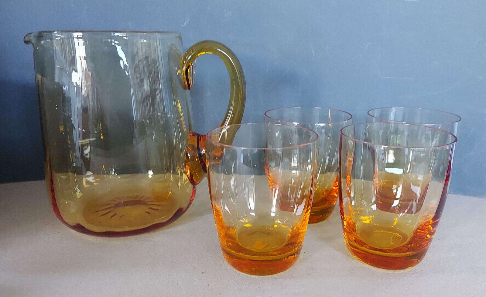 Vintage Whitefriars Crystal Amber Glass Pitcher Set With Four Glasses, 1960's