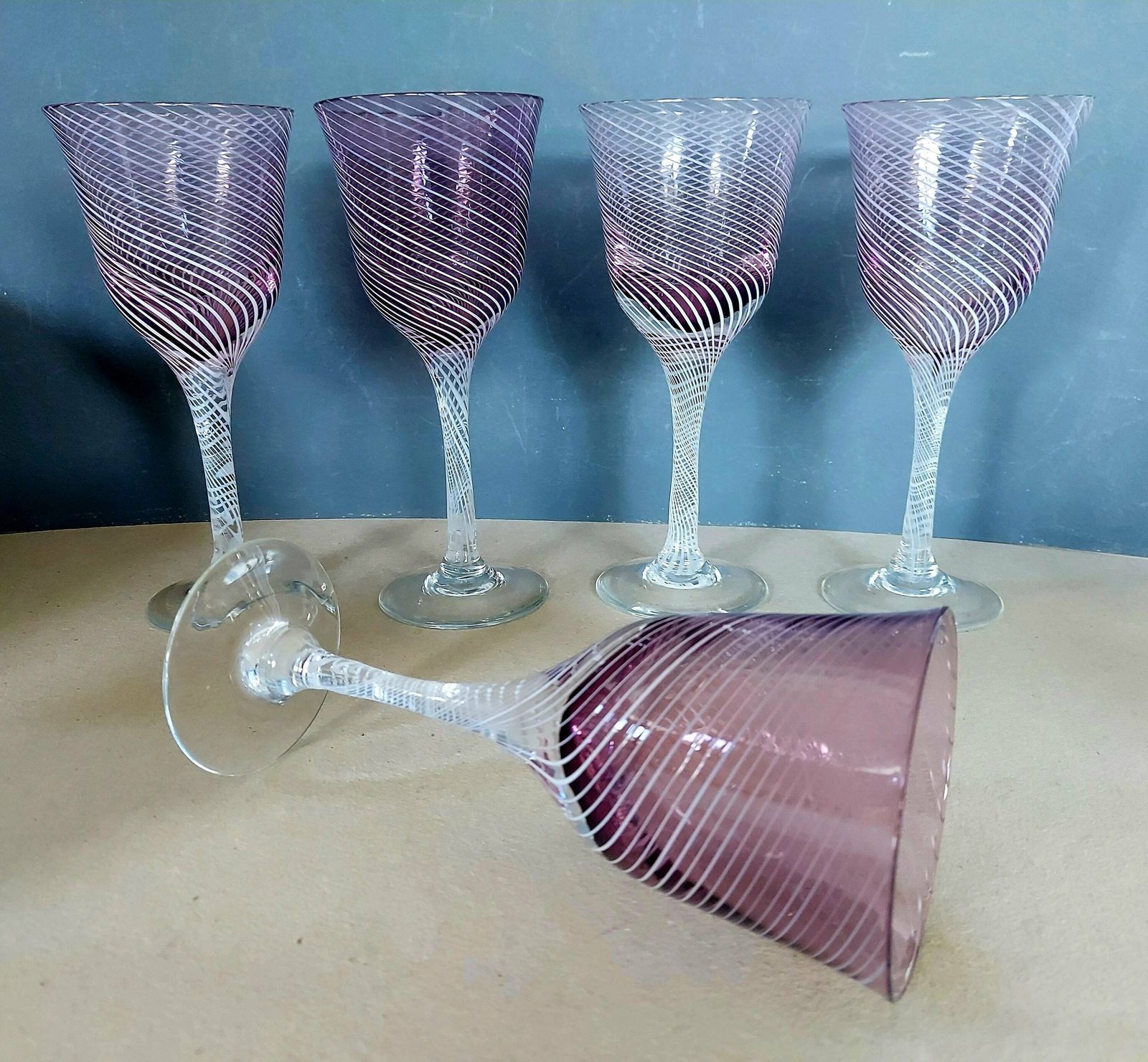 5 Vintage Handblown Swirled Amethyst Glass Stemmed Wine Glasses, 175ml photo furniture