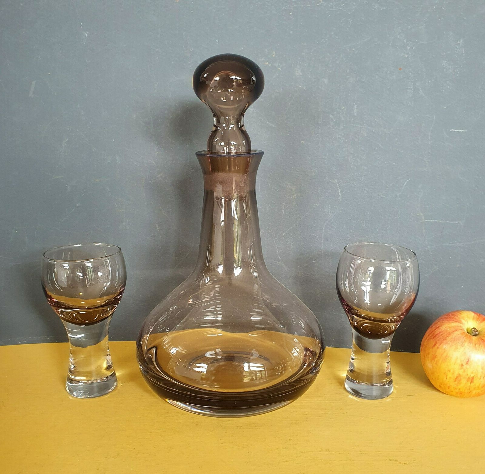 Vintage Caithness Smoked Glass Decanter Set, Libster Decanter And Two Canisbay Dram Glasses In Lovely Peat Coloured Glass, 1970s photo Home Decor