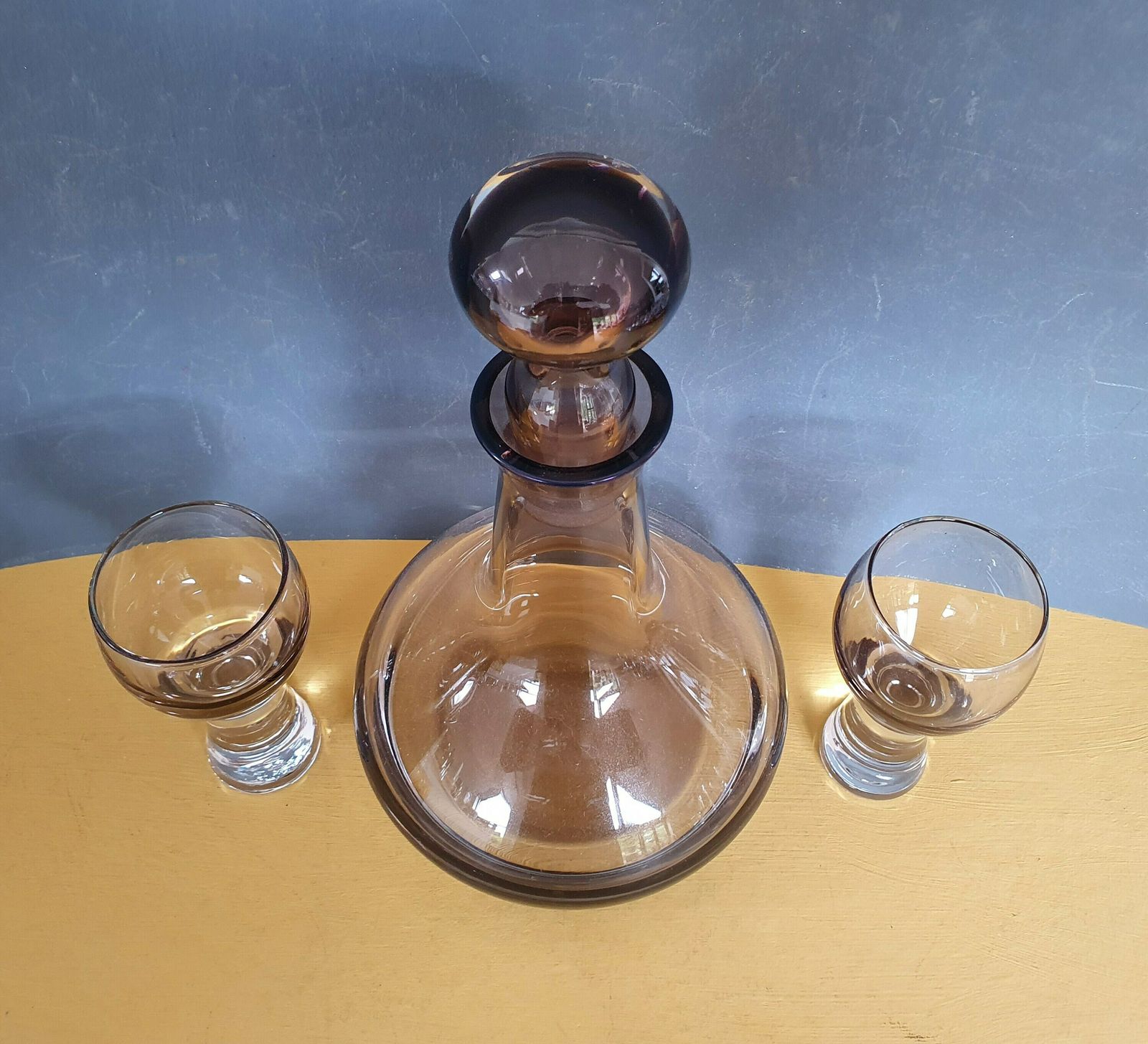 Vintage Caithness Smoked Glass Decanter Set, Libster Decanter And Two Canisbay Dram Glasses In Lovely Peat Coloured Glass, 1970s photo 70.0