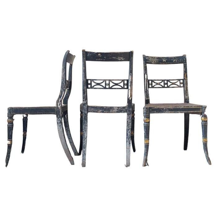 Trio Of Regency Ebonised Hand Painted Gilt And Cane Distressed Occasional Chairs