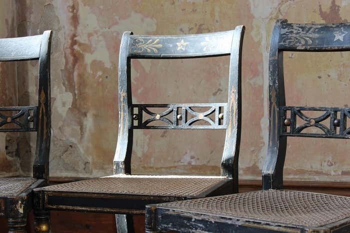 Trio Of Regency Ebonised Hand Painted Gilt And Cane Distressed Occasional Chairs photo for sale