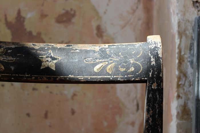photo buy Trio Of Regency Ebonised Hand Painted Gilt And Cane Distressed Occasional Chairs