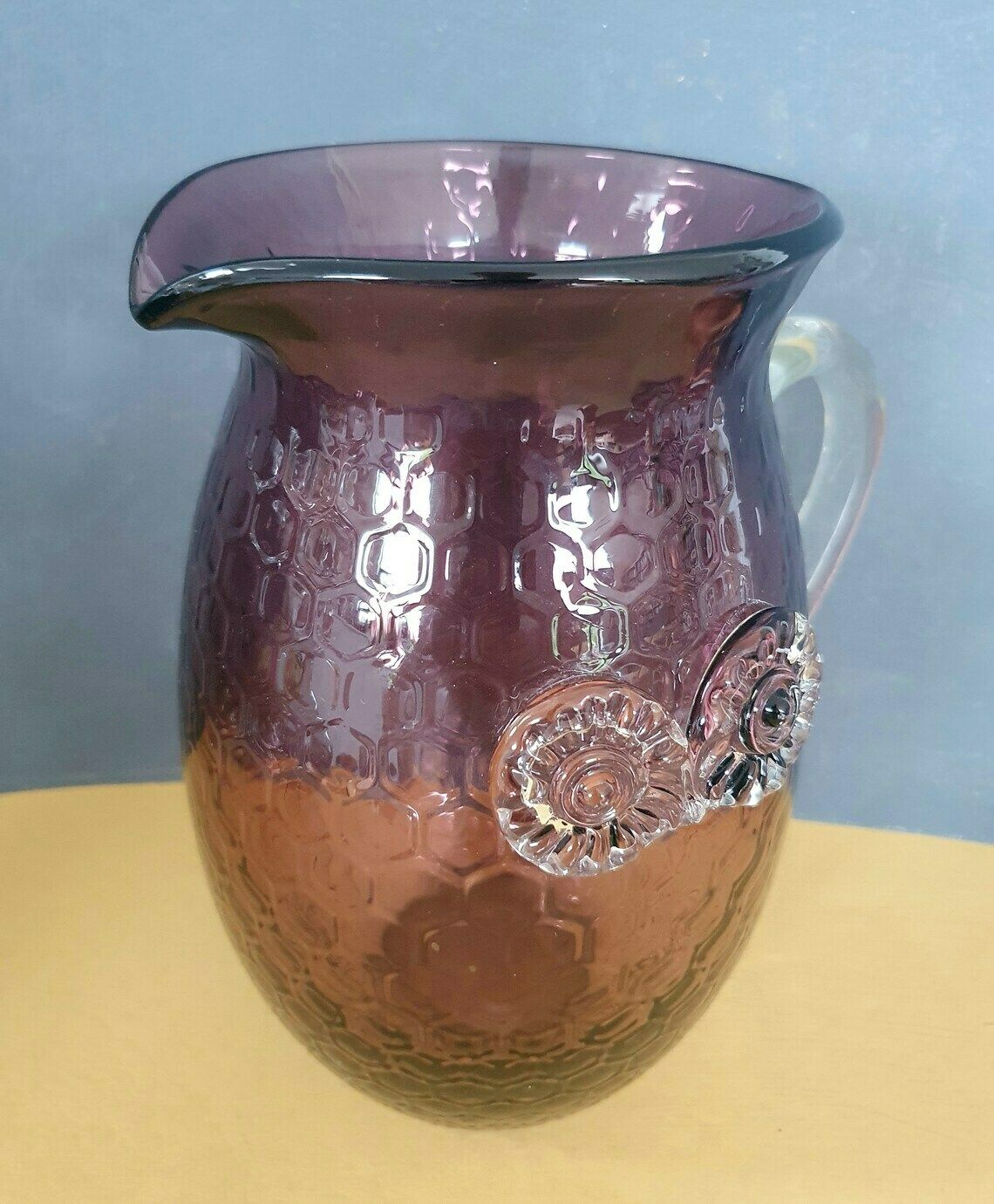 A Magnificent Vintage Murano 25cm Tall, 2.5l Amethyst Glass Xl Pitcher, Honeycomb Texture With Applied Owl Eyes Motif, 1970s photo 67.0