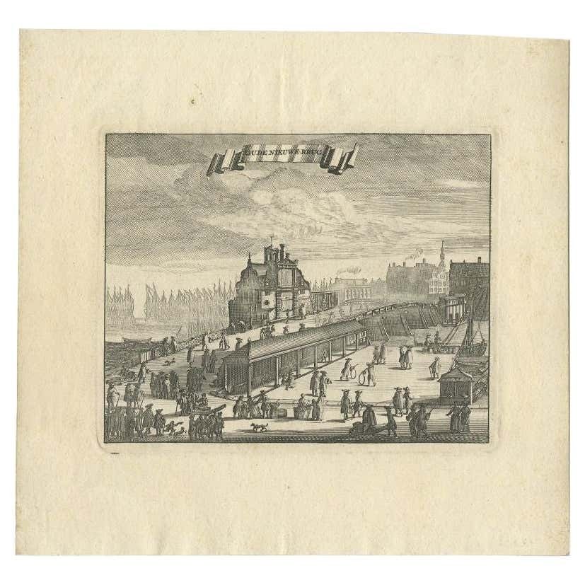 Antique Print Of A Bridge In Amsterdam By Commelin, 1693