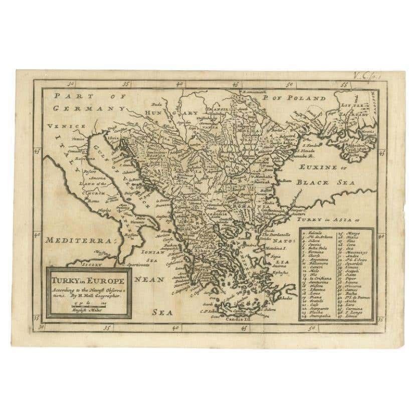 Detailed Original Antique Map Of Turkey In Europe, Circa 1740