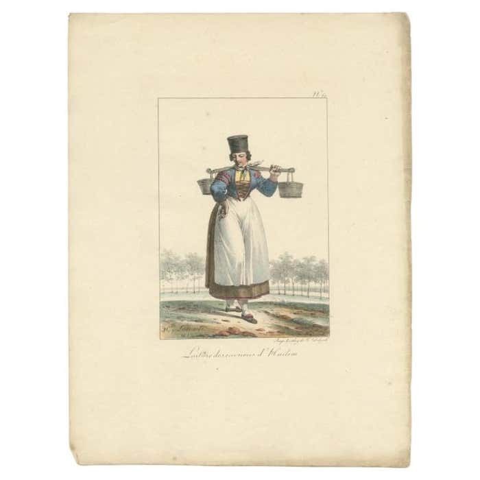 Antique Print Of A Milkmaid From Haarlem, The Netherlands, 1819c