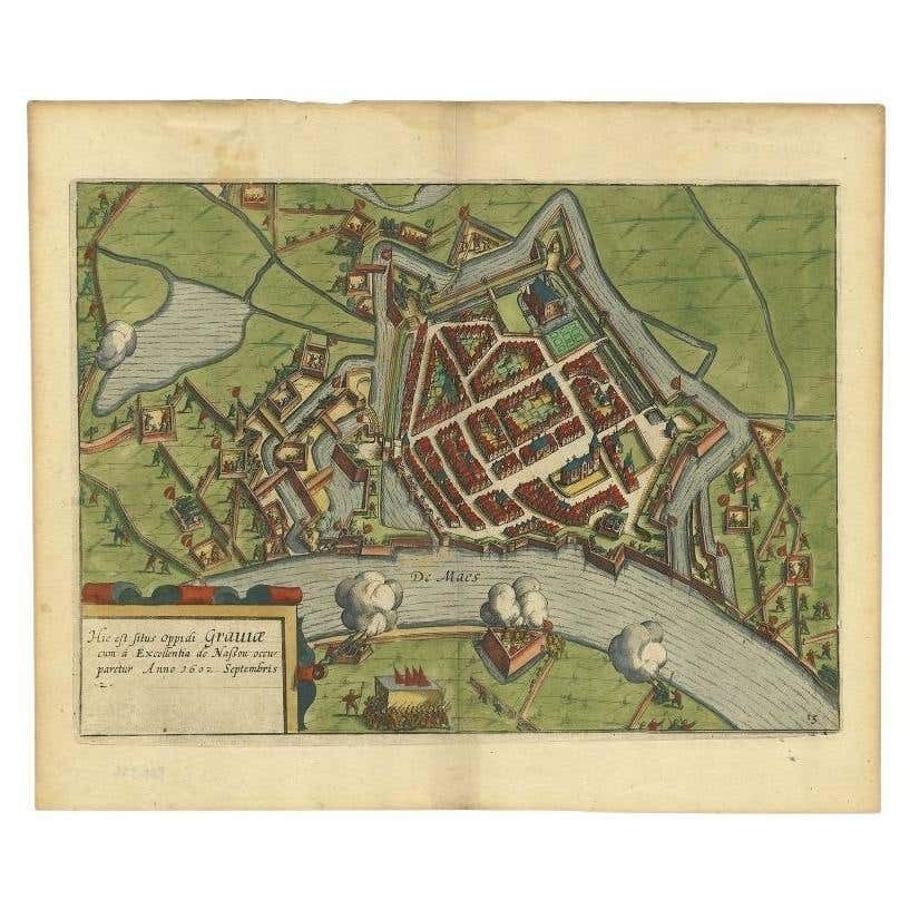 Antique Plan Of The Siege Of Grave By Guicciardini, C.1608