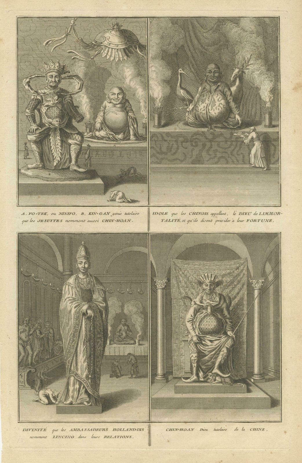 Antique Print Of Fo Tek King Gan And Other Chinese Deities photo for sale