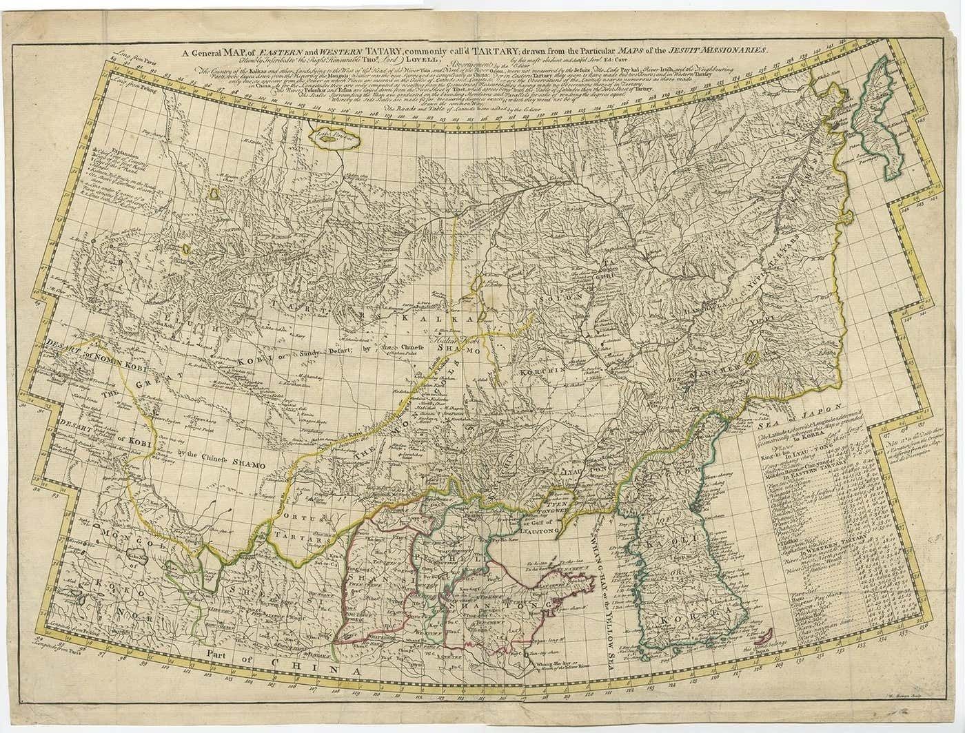 Rare Hand Colored Antique Map Of Tartary, China And Korea, Ca.1741 photo furniture