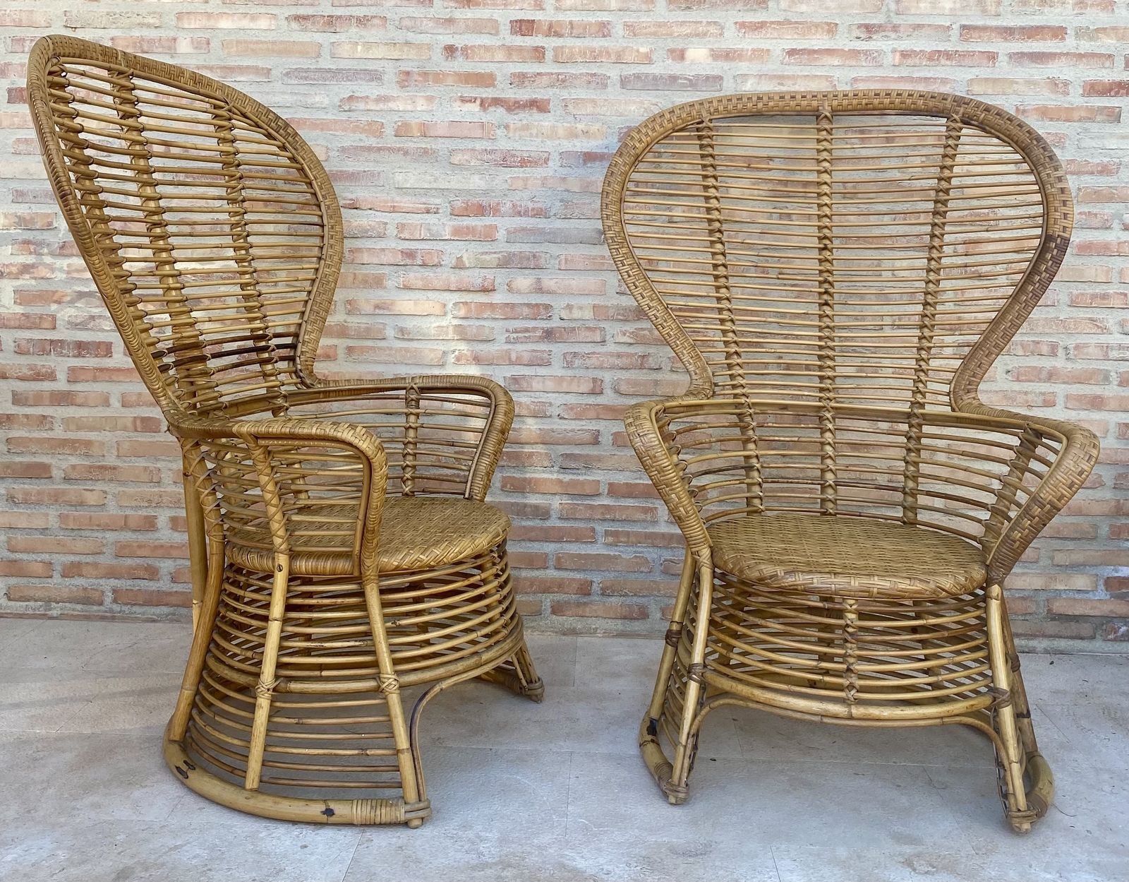 Spanish 70's Bamboo Wicker High Back Armchair, Set Of Two photo furniture