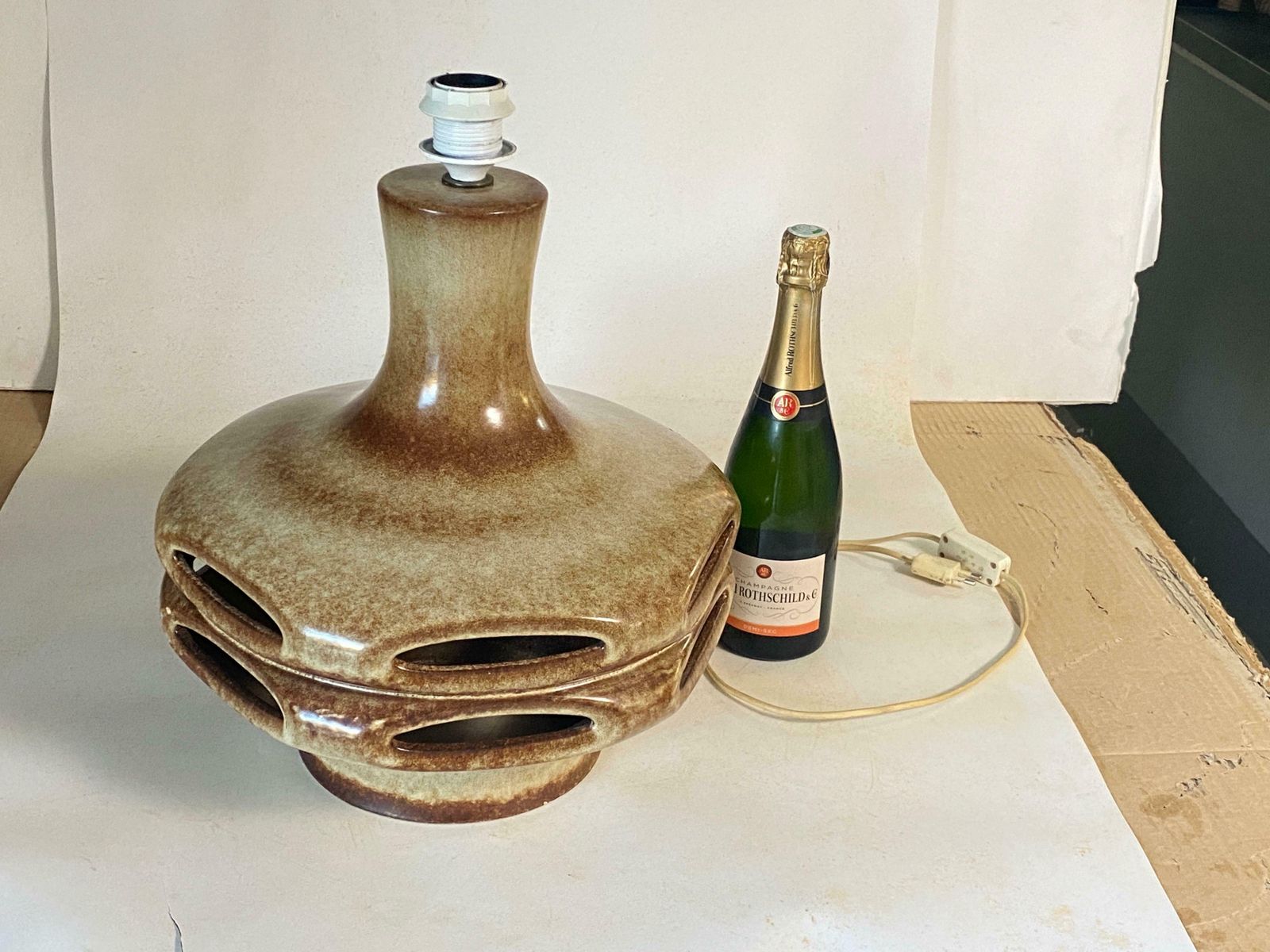 photo for sale Large Table Lamp In Ceramic Brown Color France 1970 Signed West Germany