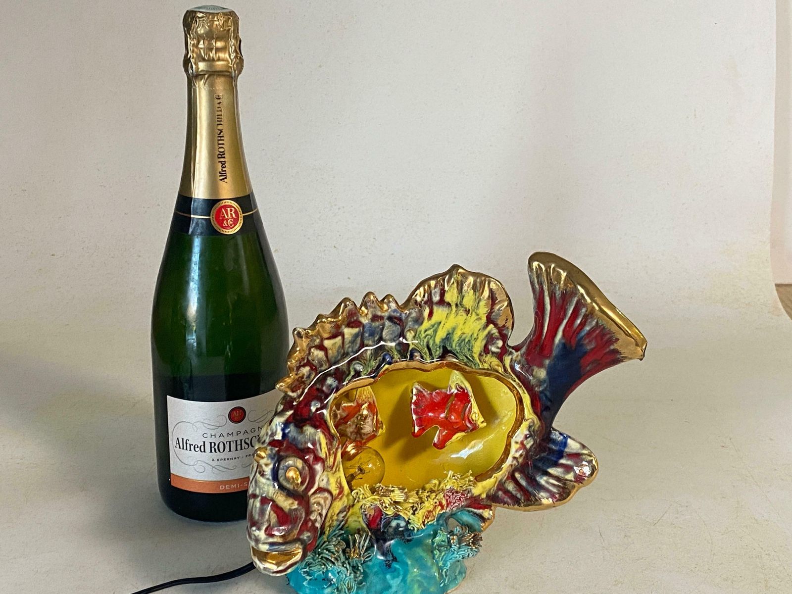 photo for sale Vallauris & Monaco, France, Table Lamp In Glazed Ceramics Shaped Like A Fish