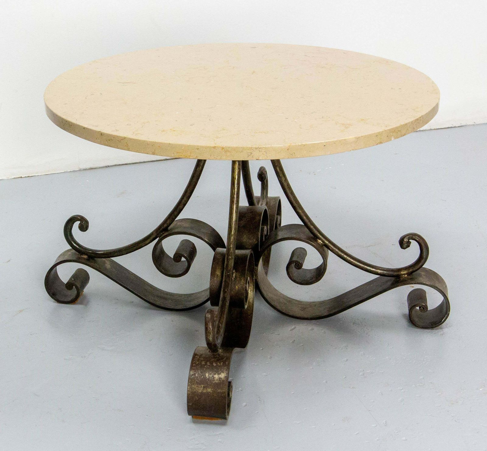 French Travertine Top & Wrought Iron Signed Coffee Table, Circa 1960 photo for sale