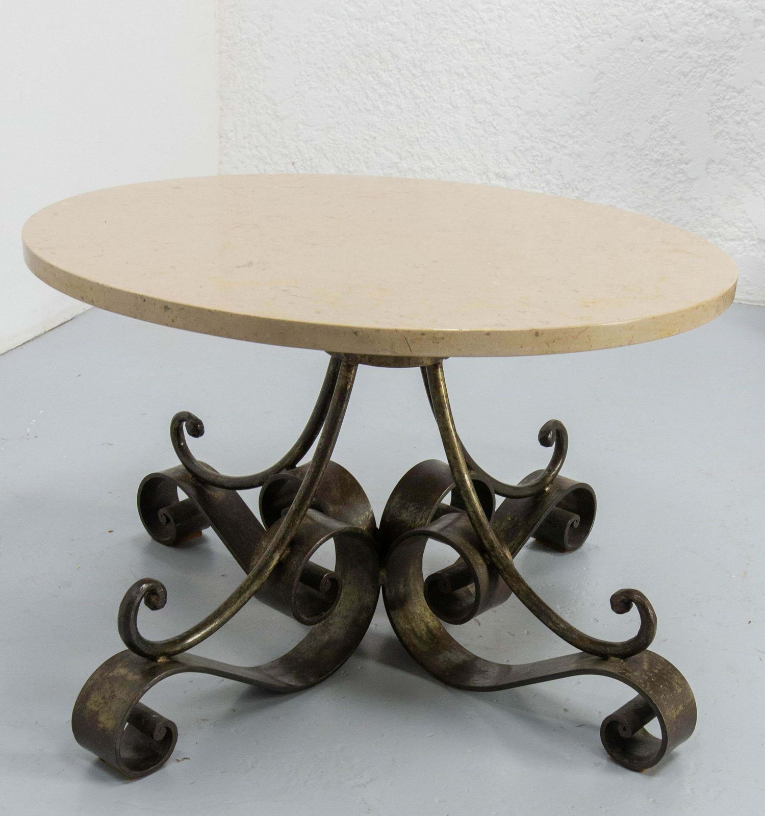 French Travertine Top & Wrought Iron Signed Coffee Table, Circa 1960 photo 1107.0