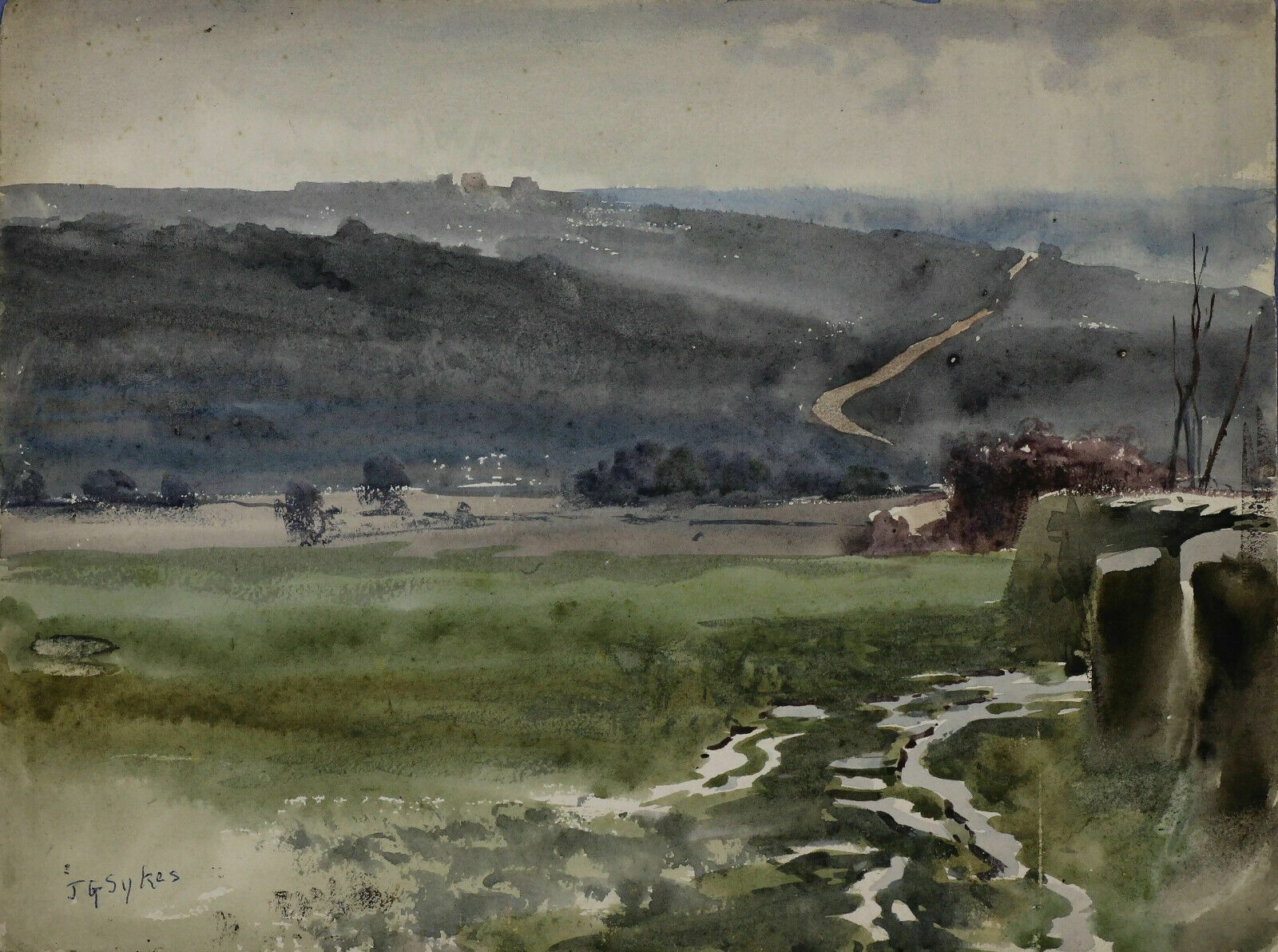 Watercolour By Newlyn Artist John Gutteridge Sykes. 'Wigtwizzle Valley (Yorks).