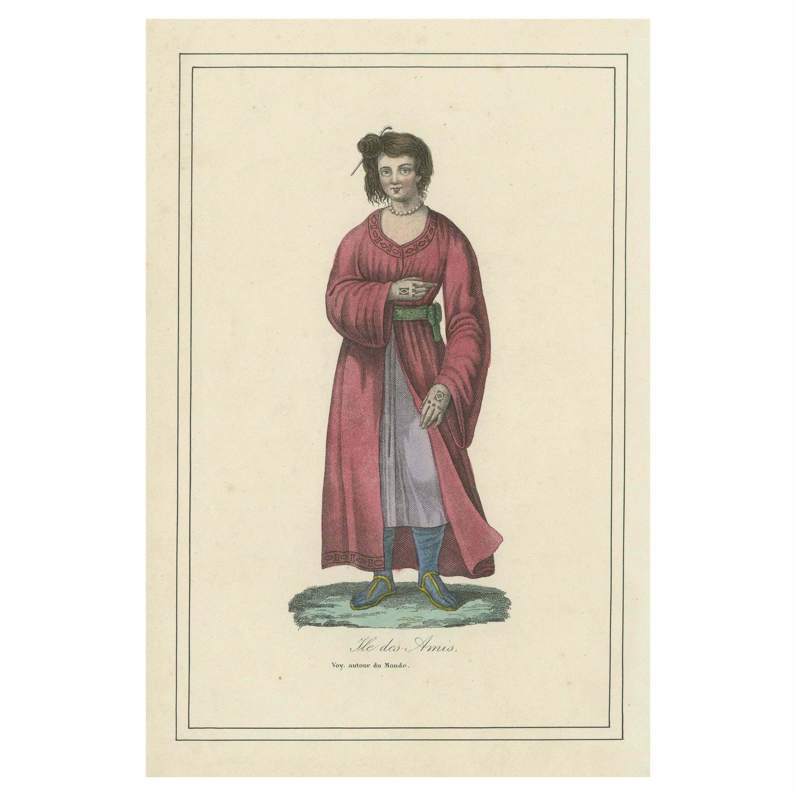 Hand Colored Antique Print Of A Female Native Of Tonga, Friendly Islands