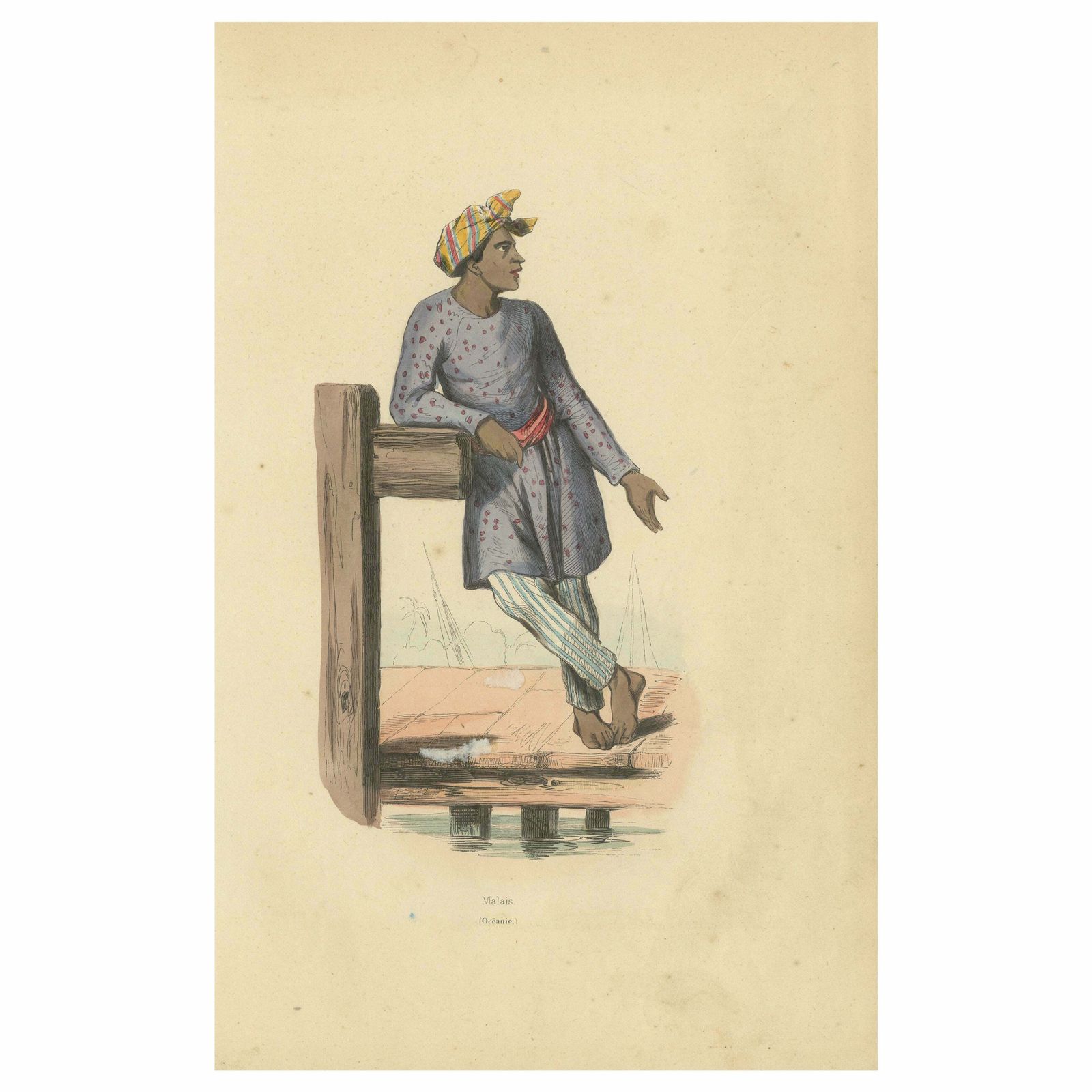 Hand Colored Antique Print Of A Malay Man Of Singapore