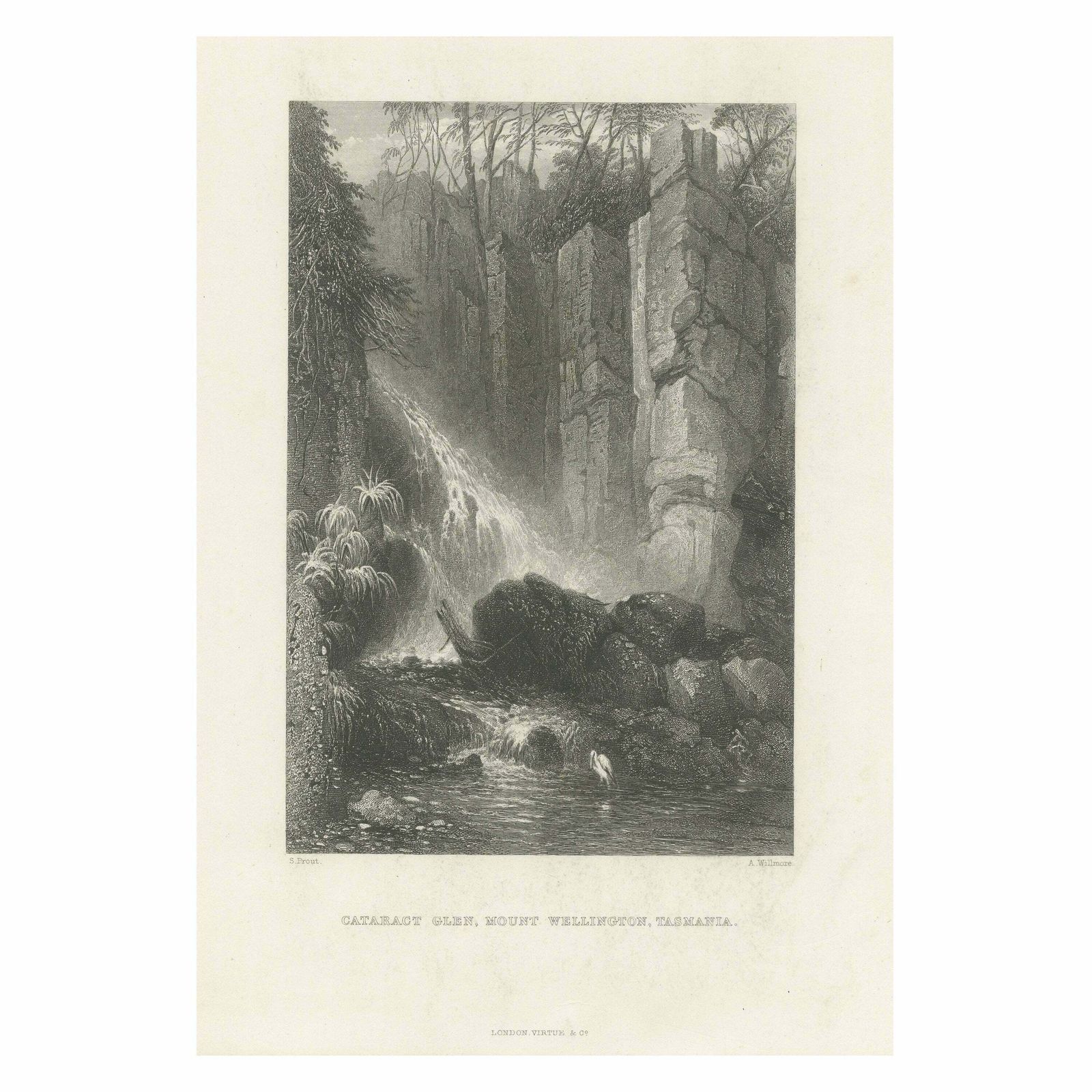 Antique Print Of A Waterfall Near Mount Wellington, Tasmania, Australia