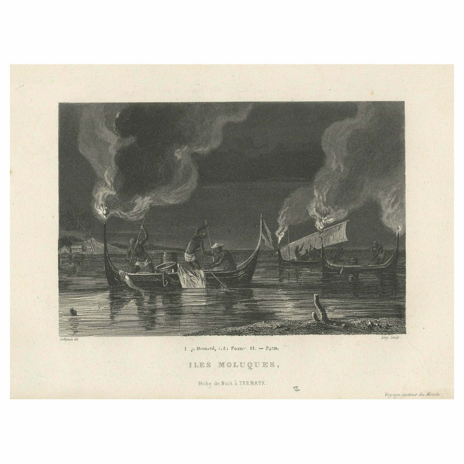 Antique Print Of Night Fishing Near Ternate, Indonesia, Maluku Islands