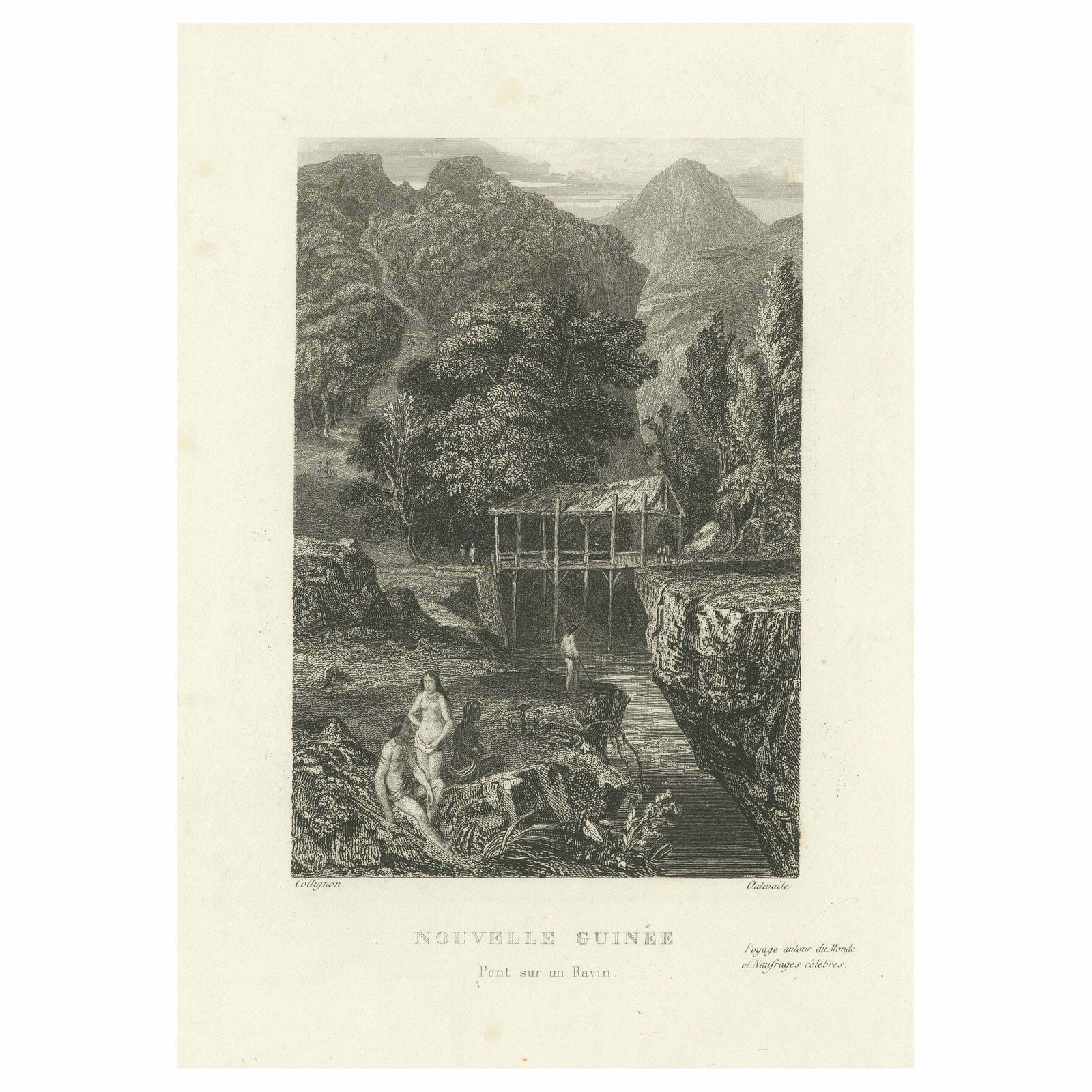 Antique Print Of A Bridge Over A Ravine In New Guinea