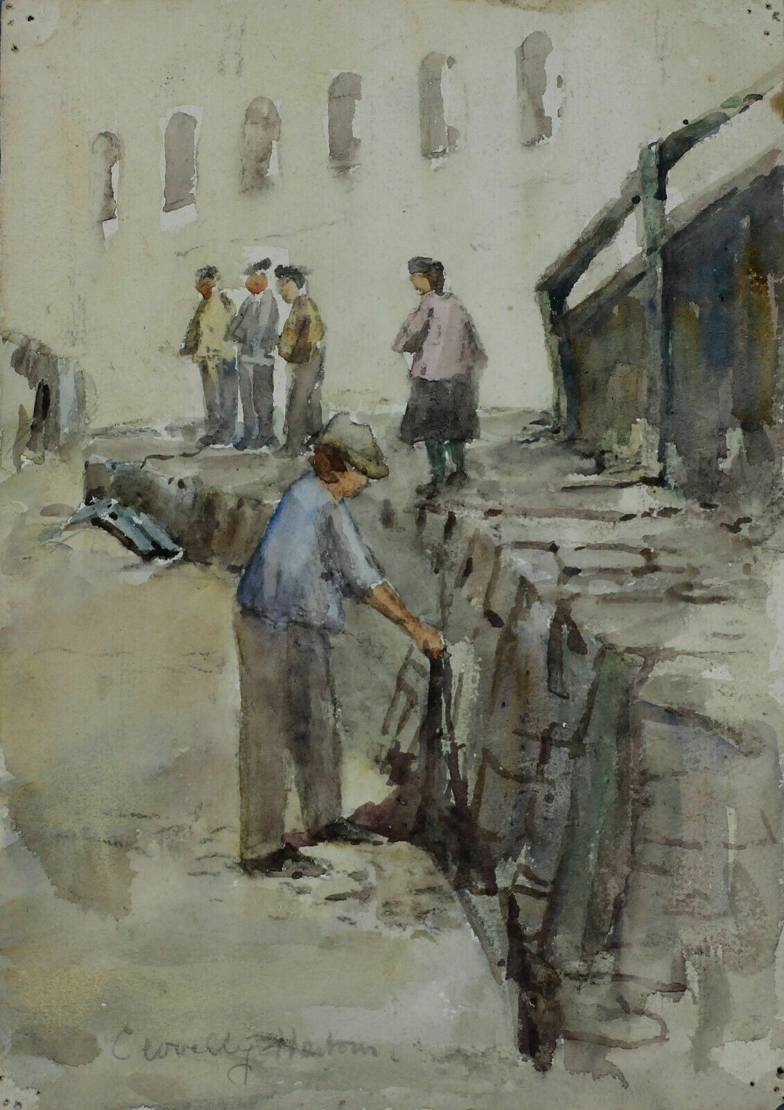 Watercolour By Newlyn Artist John Gutteridge Sykes. Clovelly Harbour.