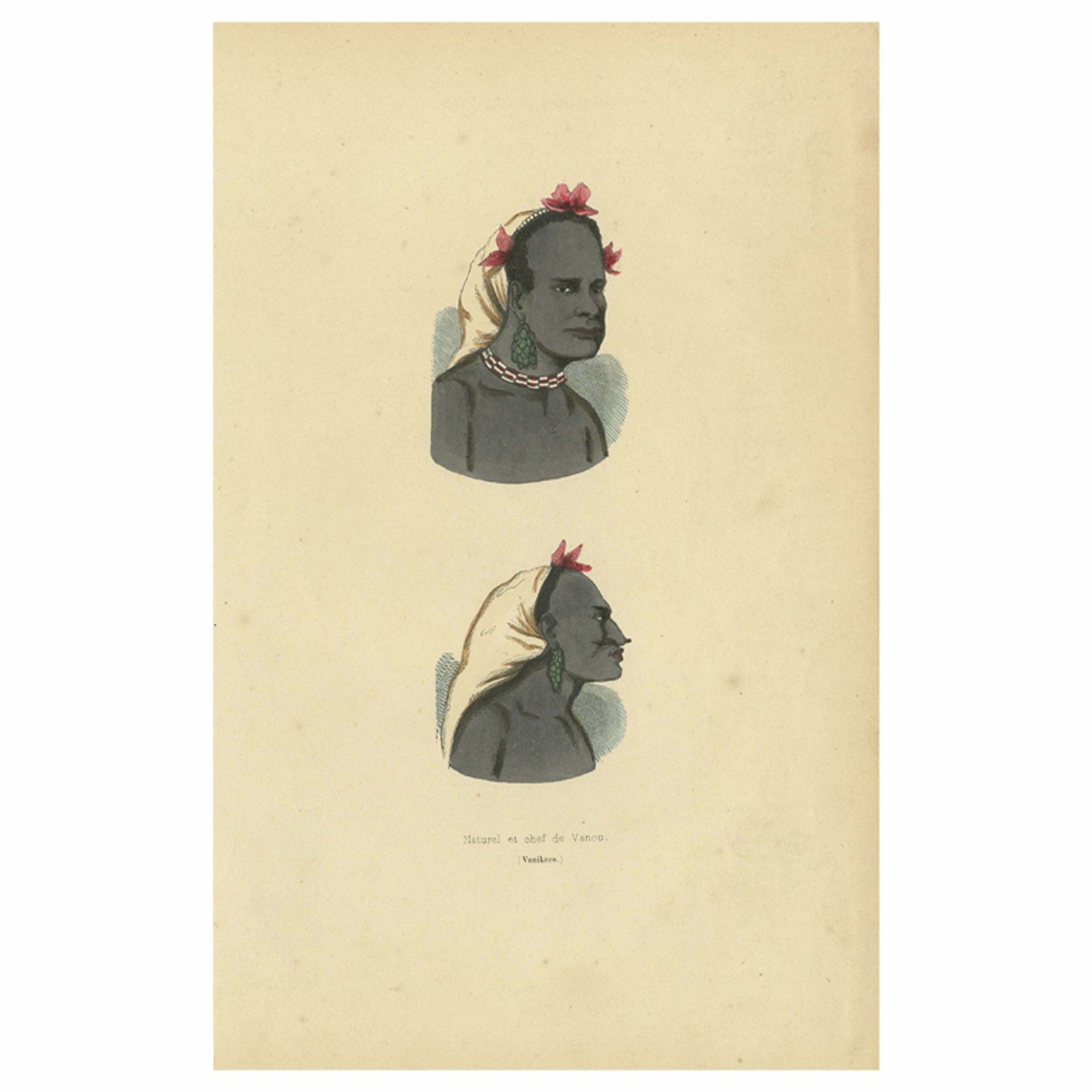 Hand Colored Antique Print Of A Melanesian Chief And Man Of Vanou, Vanikoro