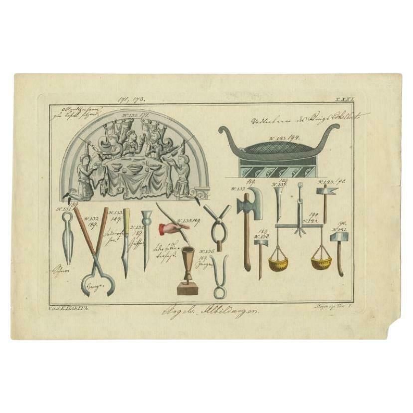 Antique Coloured Print Of Various Utensils, 1810