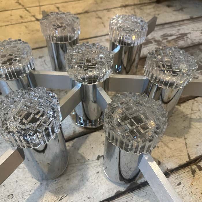 photo vinterior Two 1960s Gaetano Sciolari Space Age Chrome Aluminum And Glass Ceiling Lights