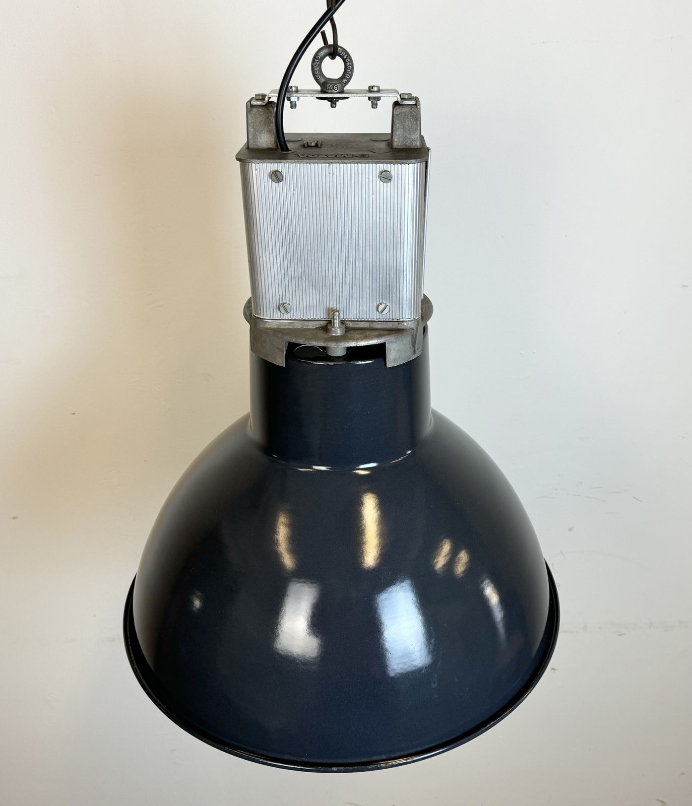 Industrial French Dark Blue Enamel Pendant Lamp From Mazda, 1960s photo Lighting