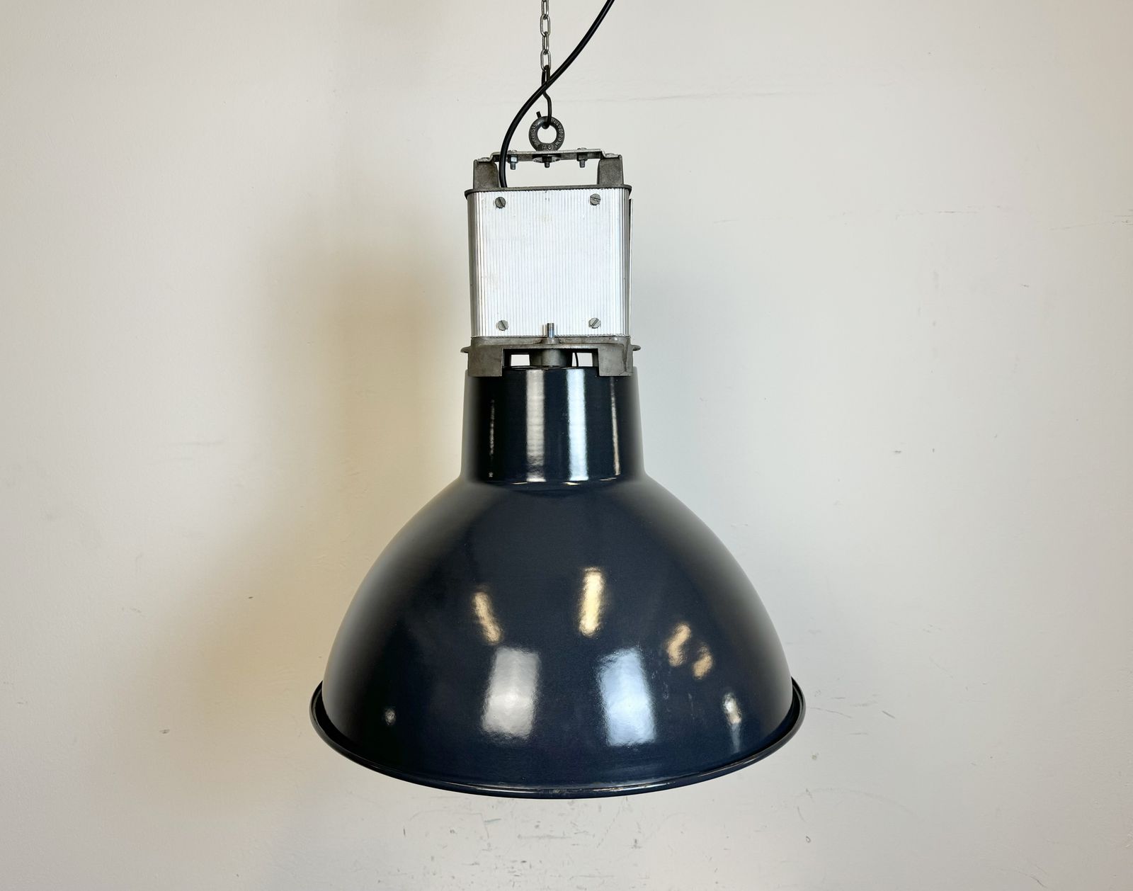 Industrial French Dark Blue Enamel Pendant Lamp From Mazda, 1960s photo vinterior
