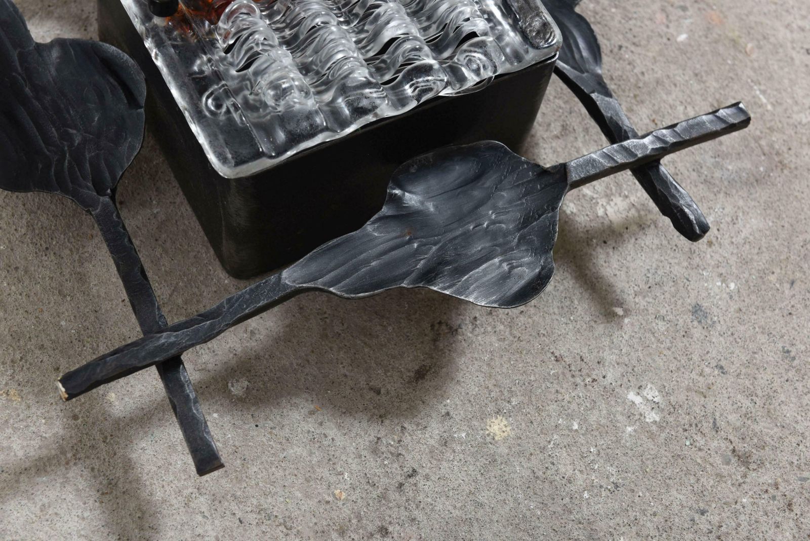 Set Of Two Brutalist Glass And Wrought Iron Lights By Tom Ahlström photo for sale