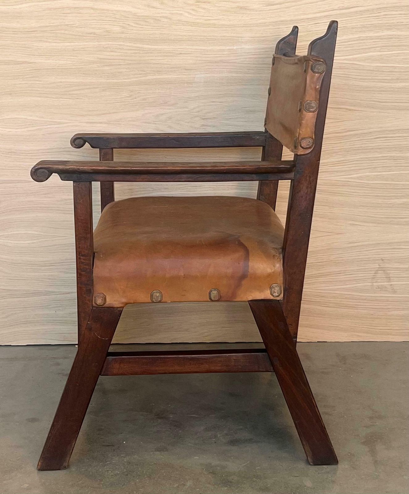 19th Century Spanish Pair Of Colonial Carved Armchairs With Leather Seat & Back photo 2755.0