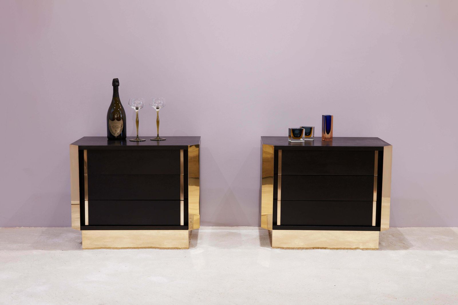 Pair Of Italian Nightstands Ebonized Oak Wood And Brass 1970s photo vinterior