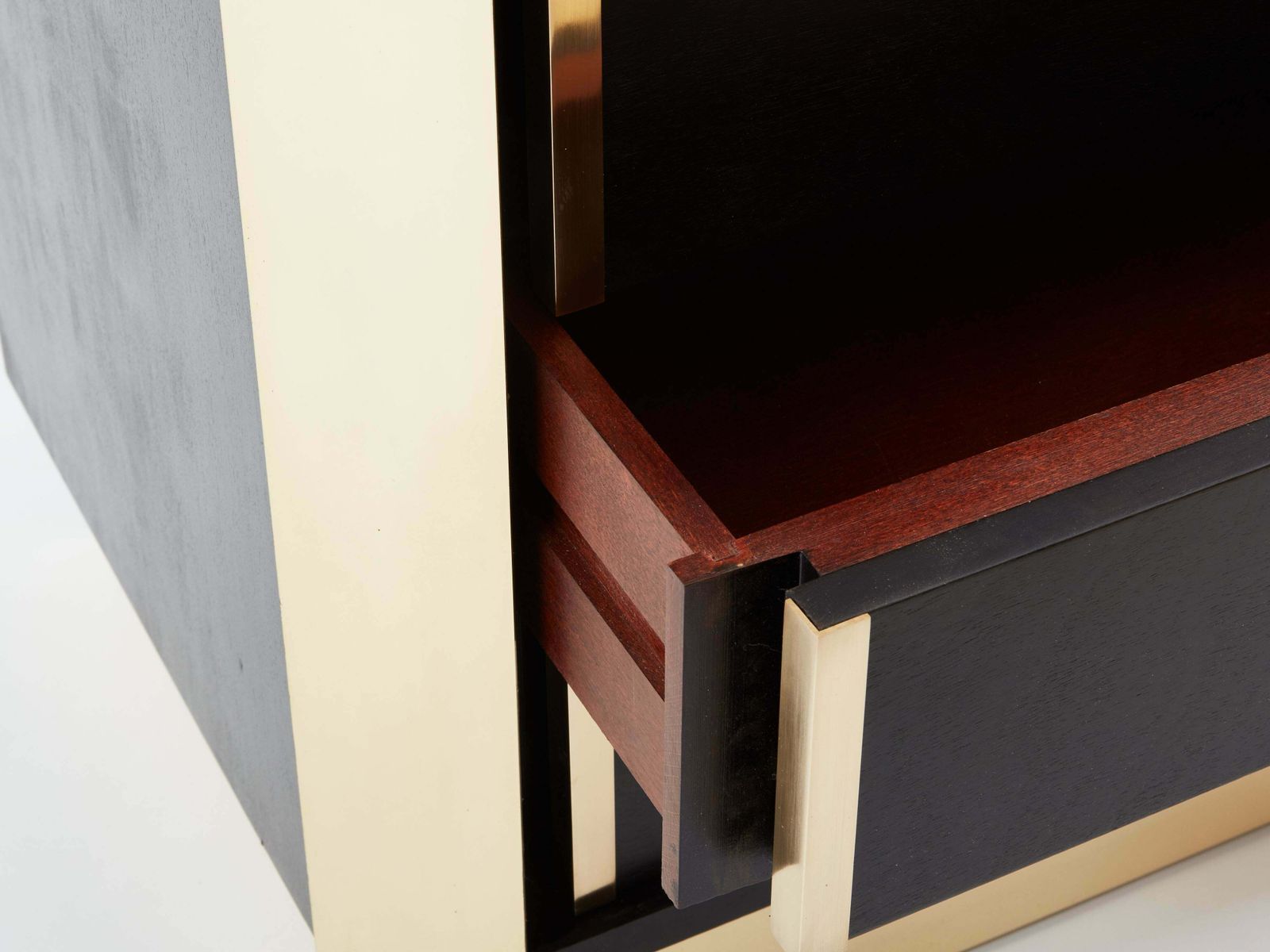 photo for sale Pair Of Italian Nightstands Ebonized Oak Wood And Brass 1970s