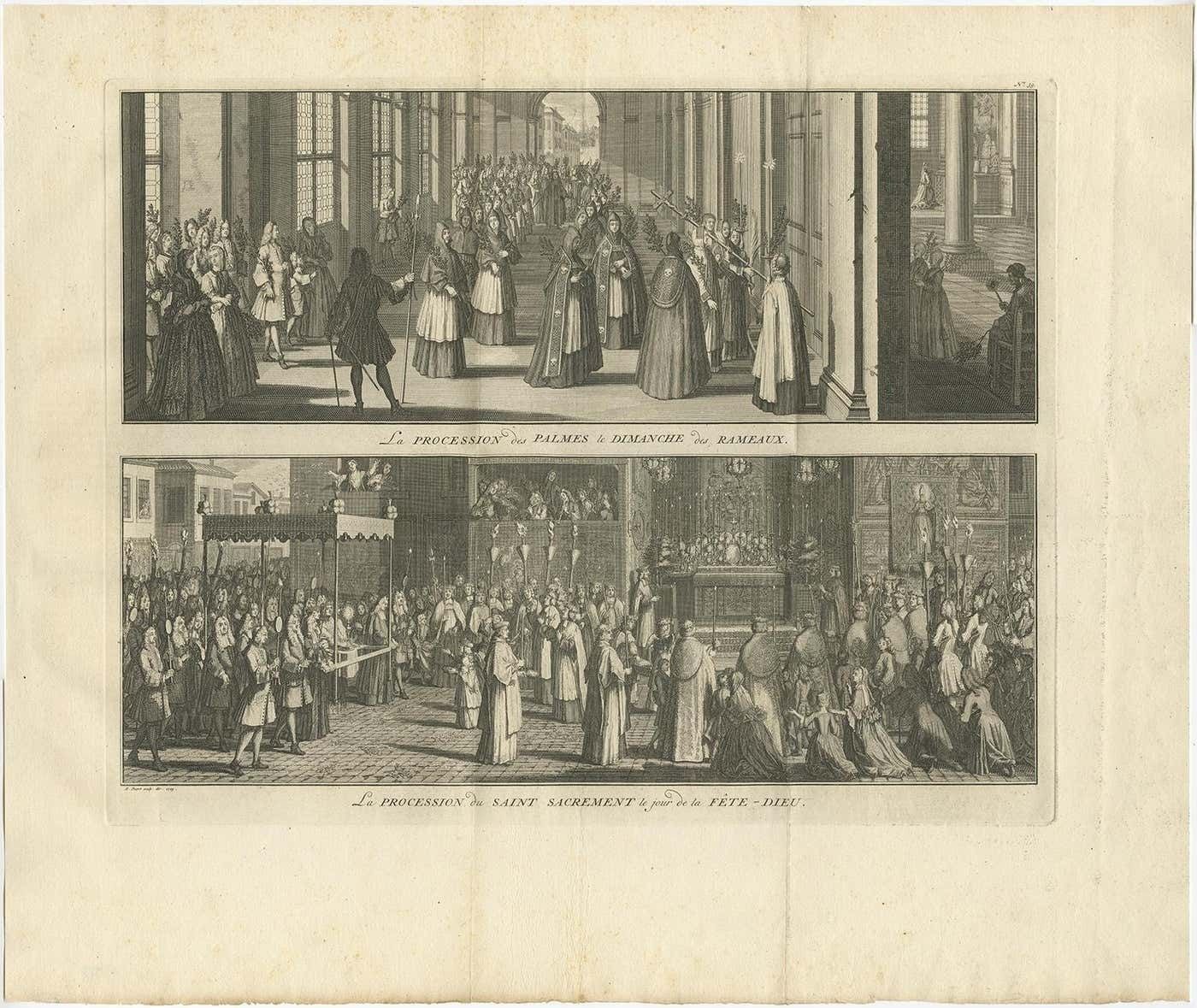 Old Print Of A Religious Ceremony For Corpus Christi Day And Palm Sunday, 1725 photo for sale