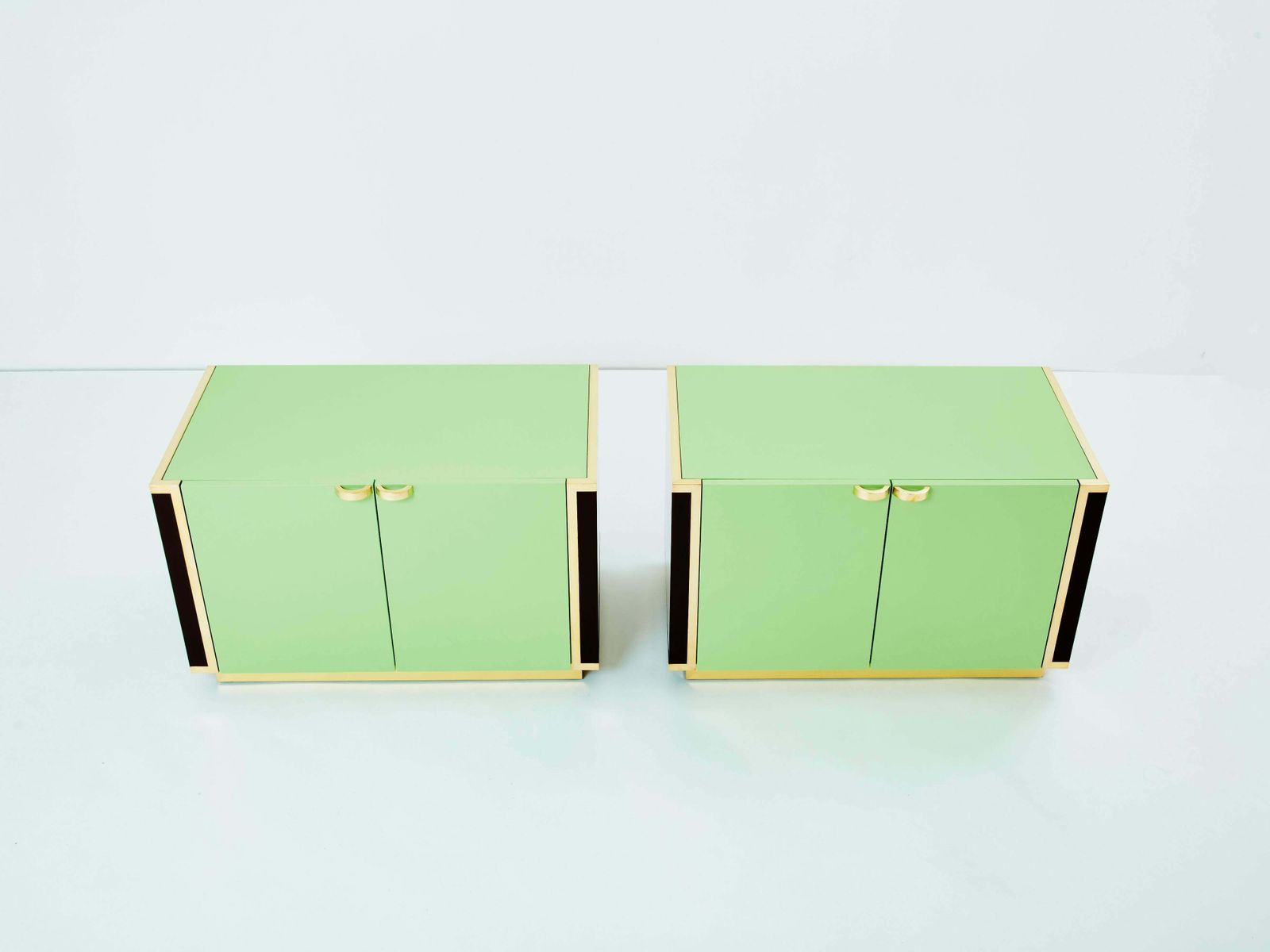 J.C. Mahey Pair Of Small Green Lacquer And Brass Cabinets 1970s photo vinterior