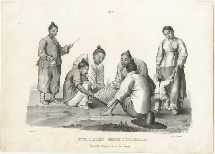 Antique Steel Engraved Print Showing A Family Of Fishermen From Korea photo furniture