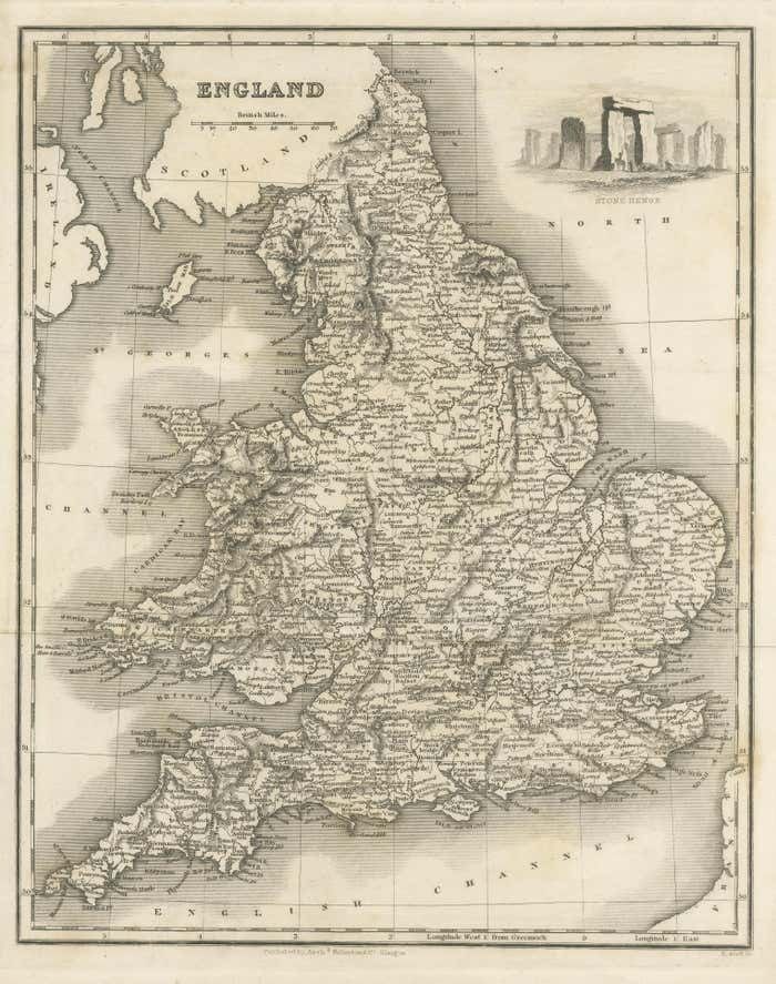 Antique Map Of England With Vignette Of Stonehenge photo for sale